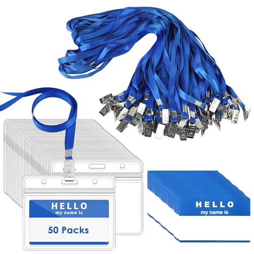Gimars 50 Fundas de Tarjeta de Identificación PVC Transparente 10x8cm con Clip Metálico y Cordones de Cuello de 45cm, Portatarjetas Horizontal Impermeable, Ideal para Eventos, Empresas y Acceso-Azul