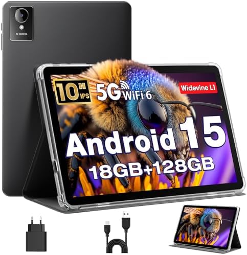 Tablet 10 Zoll, Android 15 Tablets mit Hülle, Unisoc T30 Quad-Core, 18 GB RAM + 128 GB ROM + 1 TB TF, 1280x800 HD IPS Display, 5MP + 8MP Duale Kamera, 6000 mAh, WiFi 6, BT 5.0, Wid