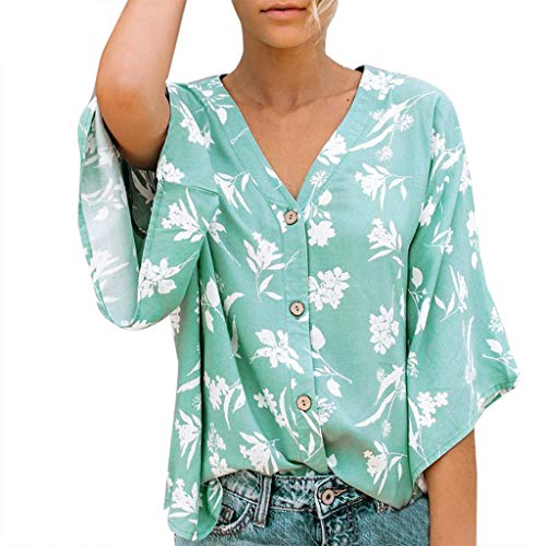Gusspower Mujer Camisa de Botones Manga 3/4 Estampado Floral Bohemio Casual Blusa Cuello en V Suelto Camiseta Tallas Grandes Tops T-Shirt Original tee Playa y Fiesta