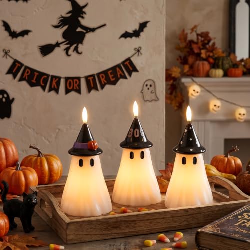 Image of Halloween Decor Flameless Ghost Candles with Witch Hat, 3PCS