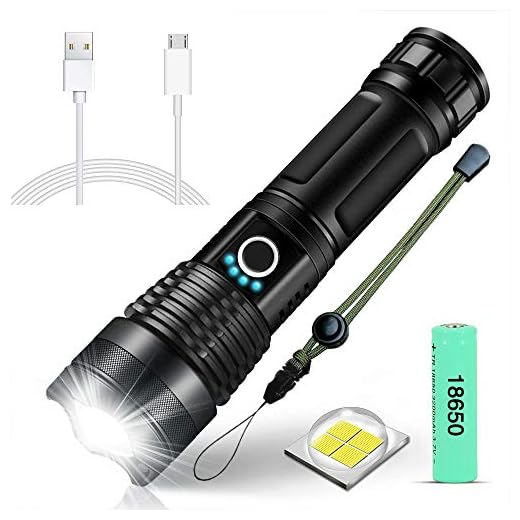 SunTop Ficklampa LED, XHP50 superljus 4000 lumen, ficklampor, USB-uppladdningsbar (18650 batteri ingår), 5 lägen zoombar, vattentät högpresterande ficklampa för camping, vandring, nödsituation