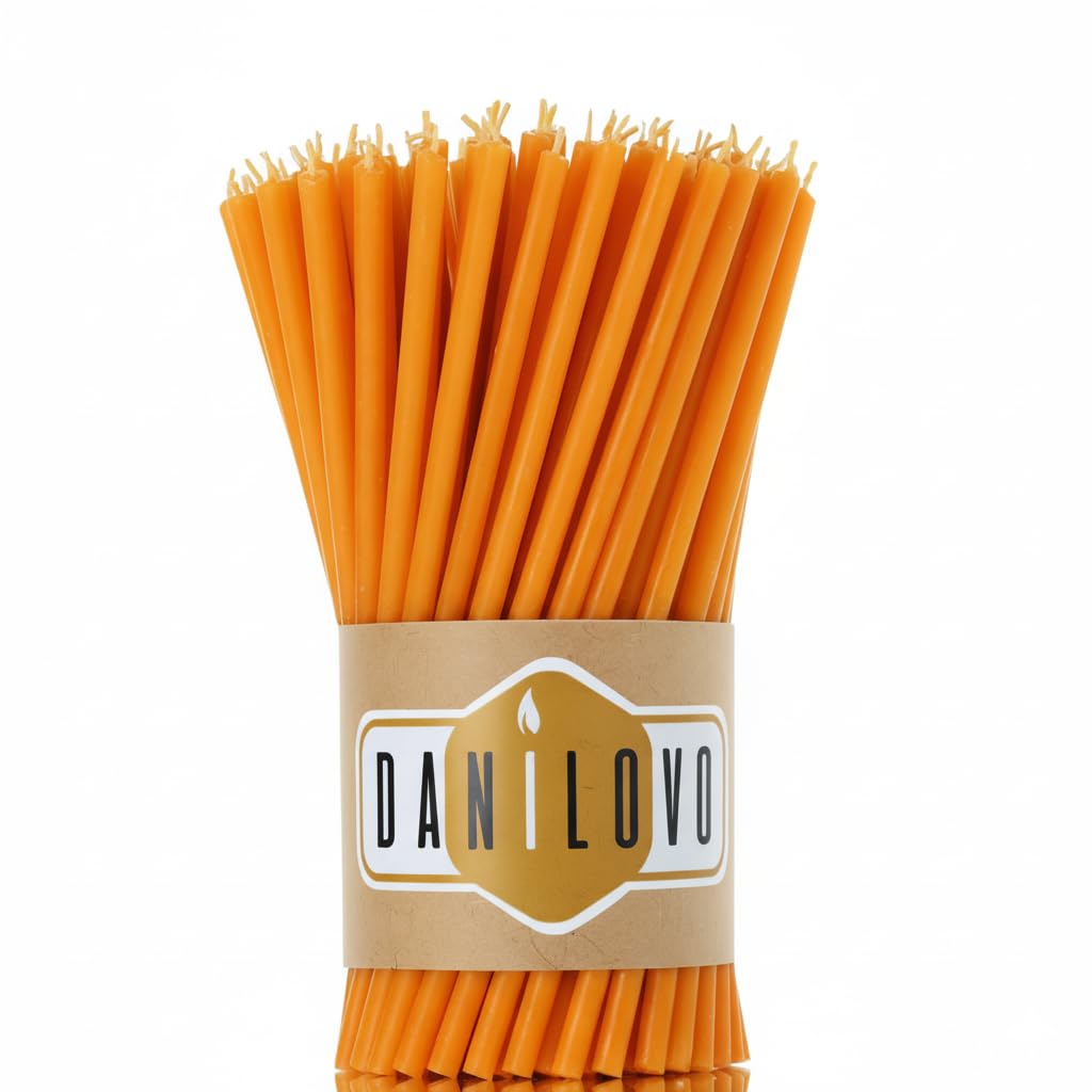 Danilovo Thin Taper Beeswax Candles - Honey-Scented, Decorative Candles Ideal for Birthday Decoration or Church Prayers - Orange Drip Free, Tall & Smokeless Pack of 50 pcs, 16 x 0,55 cm