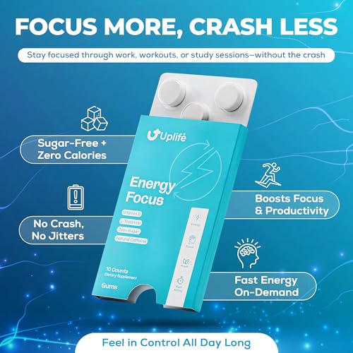 Image of UPLIFE Energy and Focus Gum - Made in USA | 40mg Natural Caffeine + 80mg L-Theanine + Vitamin B12 & B3 | Sugar-Free, Vegan | Nootropic Gum for Energy, Focus & Mental Clarity - Peppermint