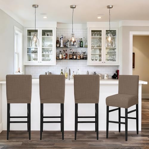 Image of JIUZHEN Coffee Stretch Velvet Bar Stool Counter Covers Set of 4 | Washable Removable Rectangular Seat Covers, Water Resistant, Kitchen, Dining, Pub, Hotel, Wedding and Party Counter Stools