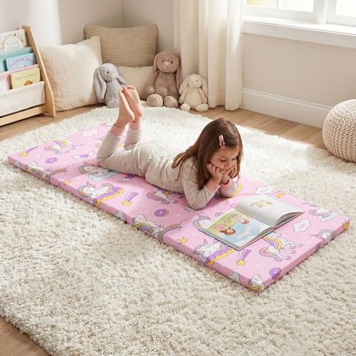 Image of Shellwei Vinyl Nap Mat Kid Preschool Daycare Sleep Mat,Cute Unicorn | 1 inch Thickness, 45 inch x 19 inch x 1 inch, 4-section Softness Rest Mat, Suitable for Daycare Travel, and Home, Easy to Clean