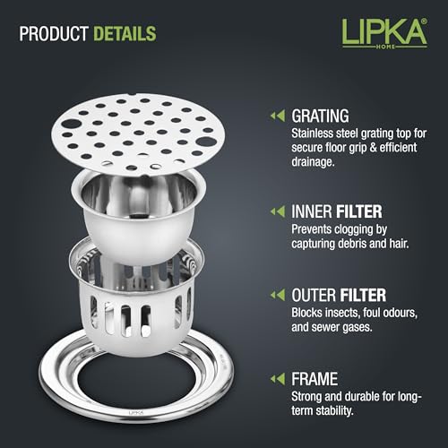 Image of LIPKA Round Floor Drain |304-Grade Stainless Steel |5 Inches| with Cockroach Trap /Jali & Lock|