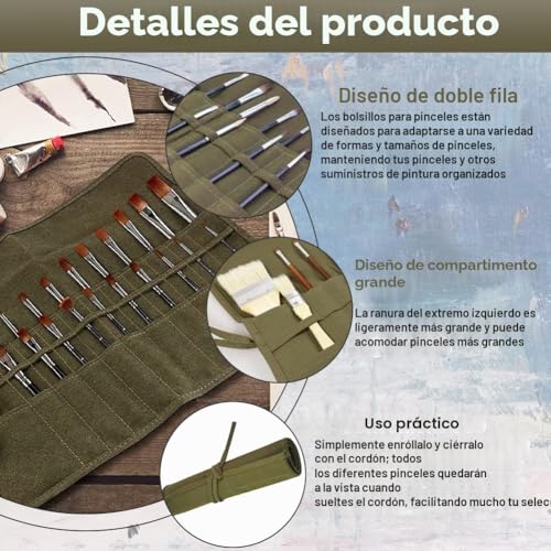 Miniatura 3 de Skytowards Estuche Para Pinceles De Pintura, 30 Ranuras, Funda Enrollable Para Cepillo, Bolsa Para Lápices Artisticos Verde