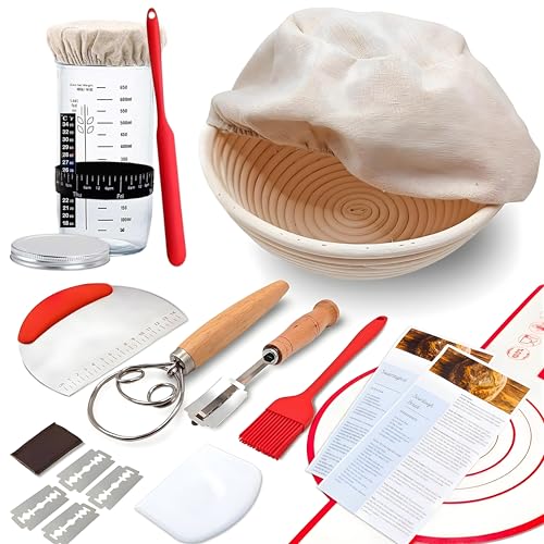 SoLuna.® Sourdough Starter Kit for Bread Making with Banneton Proofing Basket 9 Round - Sourdough Starter Supplies Kits - Bread Baking Accessories (Red, 15pcs)