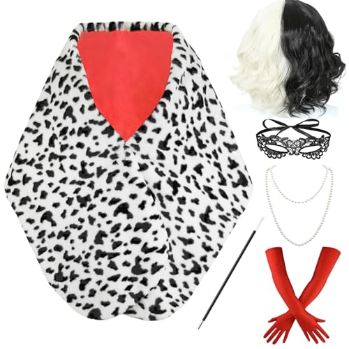 QAQ-COSPLAY Cruella Deville costume Women with Wig Accessories for Halloween Themed Party Dress Up
