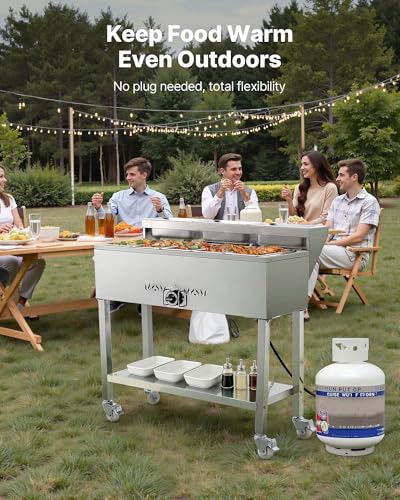 Image of VEVOR Commercial Propane Steam Table, 5 Food Pans & 3 Condiment Pans, LP Gas Outdoor Soup Warmer with Drain Valve and 3 inch Wheels, Stainless Steel Propane Food Warmer with Adjustable Temp for Outdoor