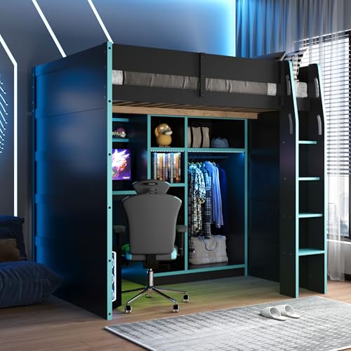 Image of Harper & Bright Designs Modern Full Size Gaming Wood Loft Bed with Desk and Open Wardrobe, Wood Loft Bed Frame with Storage Compartments and RGB Lights, for Kids Teens Adults Bedroom Use (Blue)