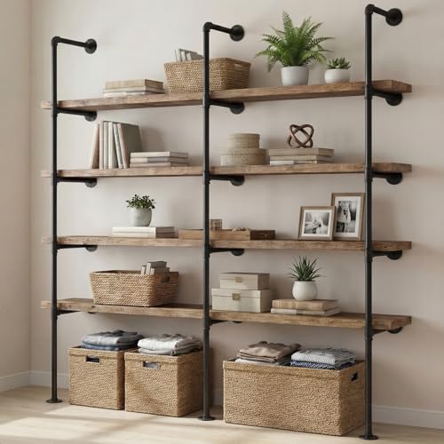 Cinnvoice 3 Pcs 5 Tier Industrial Iron Pipe Shelving Wall Mount Vintage Retro Ceiling Hung Shelf DIY Open Bookshelf Ladder Shelves for Office Living Room 77 Tall 14 Deep (No Wood Planks Included)