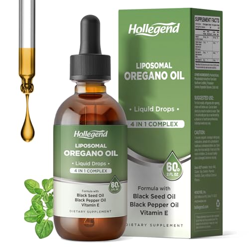 HOLLEGEND Liposomal Oregano Oil Liquid Drops Organic Oil of Oregano Carvacrol for Kids & Adults with Black Seed & Black Pepper Oil Immune and Digestive System Support Alcohol-Free 60ML/2 Fl Oz
