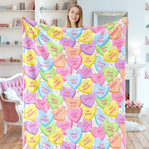 JarThenaAMCS Valentine's Day Fuzzy Blanket Conversation Candy Heart Throw Blanket Colorful Cozy Flannel Blanket for Home Bed Sofa Couch Chair, 50 x 60 Inch