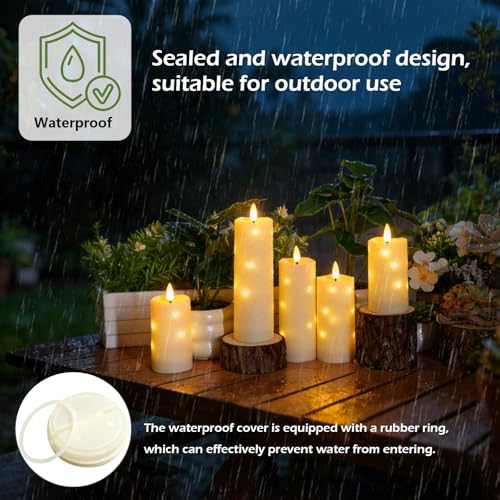 Image of kakoya Outdoor Waterproof Flickering Flameless Candles with Timer,5Pcs Battery Operated LED Pillar Candles with Embedded Star String for Outdoor Lanterns,Porch,Patio Decor(Ivory)