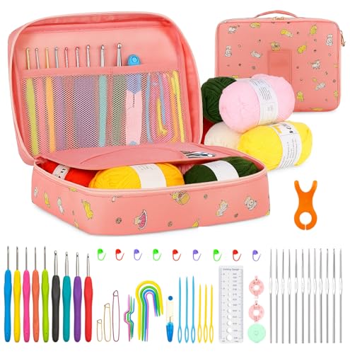 Image of KRENZ 59 Pcs All in One Crochet Kit for Beginners Crochet Starter Set with Colorful Yarn, Crochet Hooks, Stitch Markers & Organizer Bag Ideal for Kids & Adult