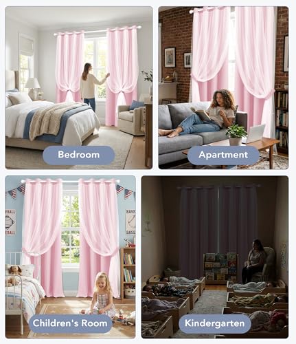 Image of 100% Blackout Curtains with Sheer, Pink, 52 x 108 inch, 2 Panels