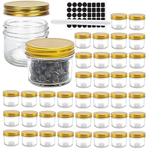 STARSIDE 40 Pack 4 oz Glass Mason jars With Regular Gold Lids, Perfect Canning Jars Containers for Jam, Honey, Candies,Wedding Favors, Decorations, Baby Foods. Included 1 Pens and 80 Labels. Cover