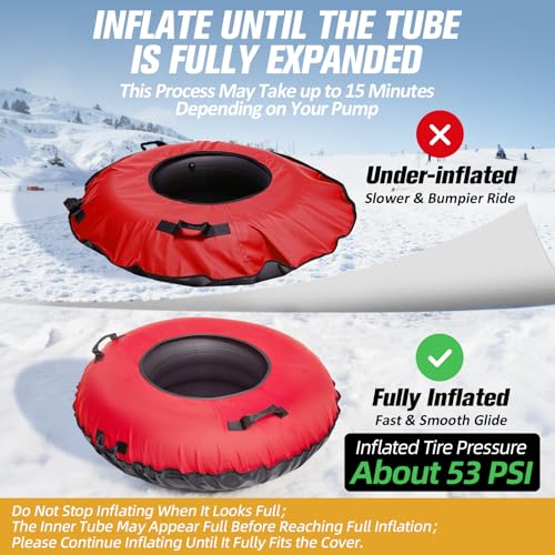 ZEALFEEL Snow Tube, 45'' Rubber Snow Tubes with Commercial Grade Canvas Cover for Kids & Adults, Inflatable Heavy Duty Snow Sled Thickened Hard Bottom with Tow Strap, Sleds Winter Gifts