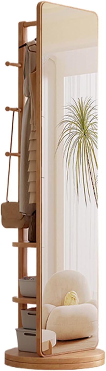 Full Length Rotating Mirror with Coat Rack 360° Solid Wood Floor Mirror 6 Hooks & Storage Shelves - Ideal Full Body Mirror for Bedroom & Living Room Decor
