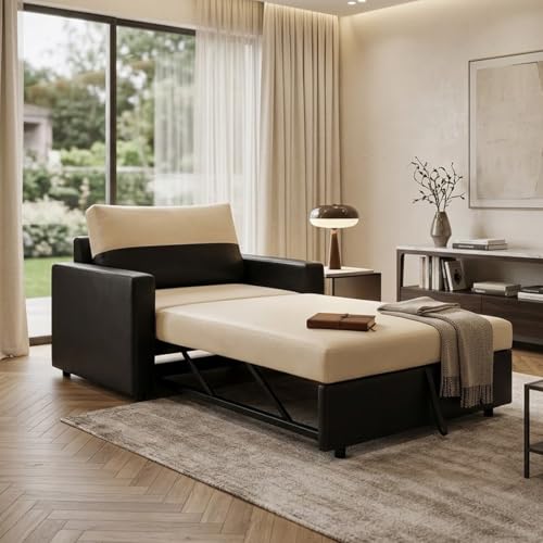 Image of SOCOZI Enrique 1 Seater Sofa Cum Bed | Premium Leatherette Upholstery | Modern Convertible Design | Comfortable Seating & Sleeping Solution for Living Room (Black-Cream)