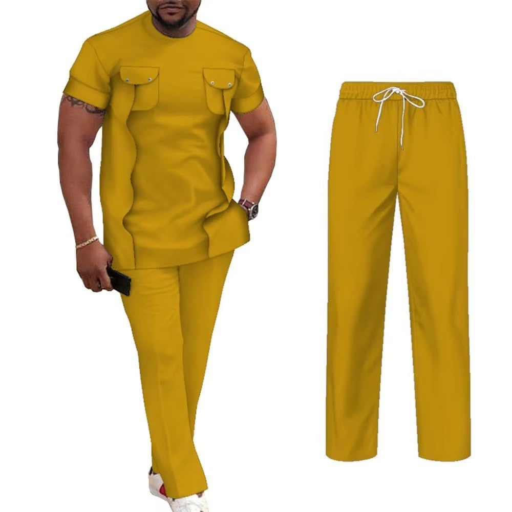 UOUNUTAfrican Mens Clothing Short Sleeve Two Piece Set Dashiki Shirt and Pants Male Outfits Slim Fits African Attire for Men