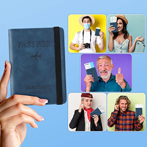 Image of Passport Holder Passport Cover with RFID Blocking Protector Travel Wallet Organiser for Men Women PU Leather Document Holder Credit Cards Boarding Ticket (Blue), Blue