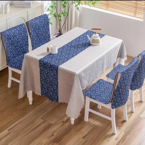 Image of HOMETHREADS Premium Cotton Chair Cover Set | Soft & Comfortable Seat Covers with Anti-Skid Non-Slip Backing + Waterproof Dining Table Cover (140x180 cm) (Black Blue, 4 Chair Covers + 1 Table Cover)