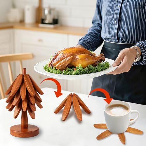Wooden Tree Trivet Set - 4 Pcs Natural Wood Coasters Trivets for Hot Dishes, Christmas Tree Trivet for Hot Pots Pans, Artisanal Wooden Kitchen Accessories | Housewarming/Kitchen Gift — view 2