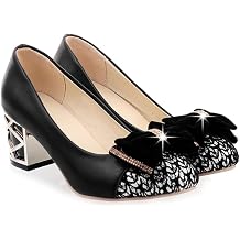 Womens Round Toe Bowtie Chunky Mid Heels Pumps Shoes Slip On Comfortable Sequins Elegant Dress Shoe
