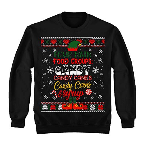 TeeYuh Four Main Food Groups Gift Elf Buddy Christmas Ugly Sweater Sweatshirt Black