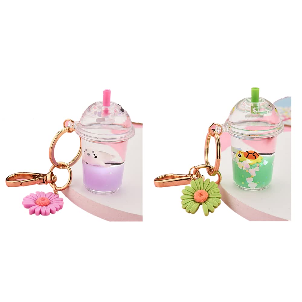 DAWEIF Mini Milk Tea Cup Keychain Handbag Pendant Keyring Drift Bottle Key Chain Ornaments for Car Purse Bag Decor (Green&Purple)