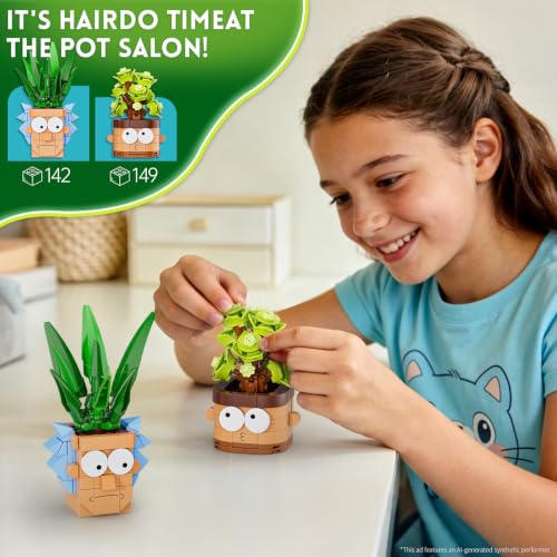 Image of JAKI Botanicals Funny Cartoon Plants Building Toy Set - Interchangeable Pot Design Desk Decor Birthday Gift Idea for Young Gardeners Artificial Indoor Plant Play & Display for Kids, Girls and Boys 12+