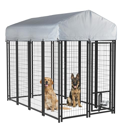 LEMBERI 8x4x6 FT Outdoor Dog Kennel for Large Dogs, Heavy Duty Welded Wire Steel Dog Playpen Fence with Secure Lock, Pet Pen with UV-Resistant Waterproof Roof Cover for Outside