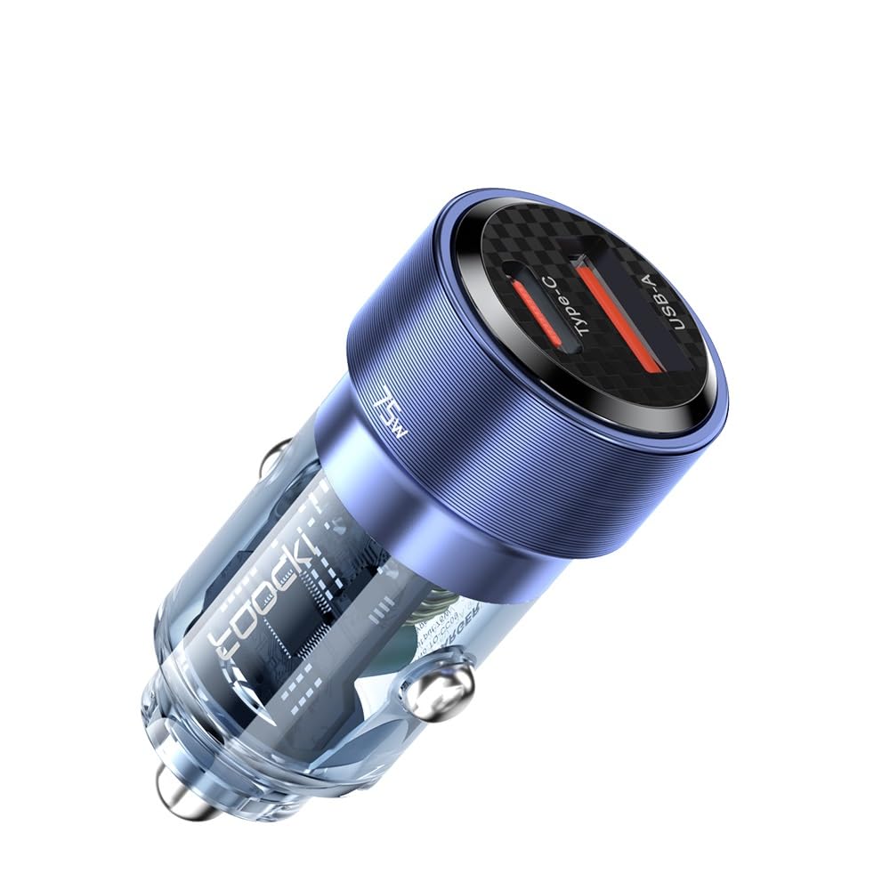 TOOCKI Podwójne gniazdo USB 75 W, 1 x USB-A i 1x USB-C PD 45 W, do gniazda samochodowego 12V/24 V, przezroczysta konstrukcja, chronione ładowanie, kompatybilne z iPhone, Samsung, iPad, MacBook,