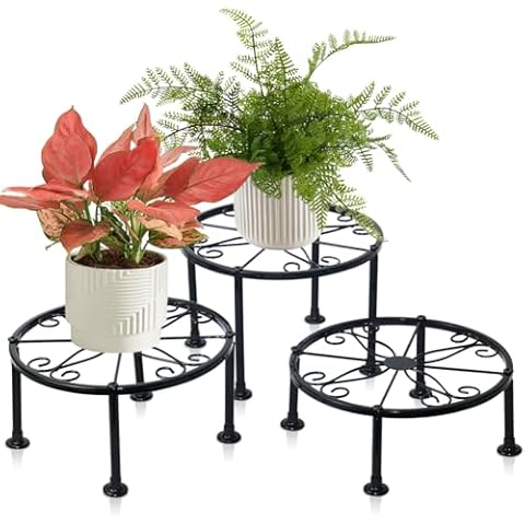 Metal Plant Stands 3 Pack, Rustproof Iron Flower Pot Stands for Balcony Patio, Round Plant Display Rack for Home Garden Decor (Black) Cover