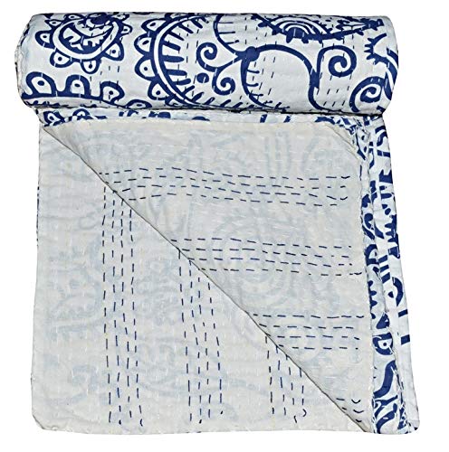 YUVANCRAFTS Indian Cotton Kantha Quilt Paislety Screen Print Quilt Twin Blanket Bedspreads Throw