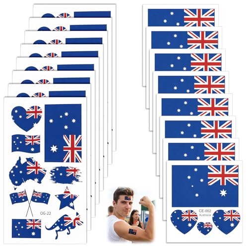 AIAOO Australian Flag Tattoos Temporary Stickers, 16 Sheets 104 Pcs Australia Day Face Body Tattoo Stickers, Waterproof National Flag Tattoos for Kids Adults Sports Events Patriotic Gatherings