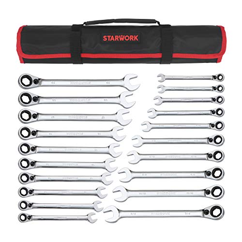 Greatest Product STARWORK 20 Pc. Reversible Ratcheting Combination Wrench Set, Non-Slip, Long Pattern, SAE, Metric, Professional, With Portable Roll-Up Pouch Bag