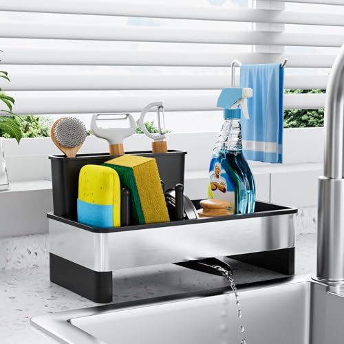 Oasiteege Sponge Holder for Kitchen Sink, Stainless Steel Sink Caddy Rack Organizer with Cloth & Brush Holder, Countertop Dish Soap and Sponge Holder Storage Tray, Black