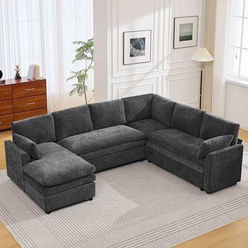 Image of 110 inch Sectional Couches with Left Chaise, Comfy Deep Dual-Layer Cushion Couch, 7 Seater U Shaped Couch, Modern Modular Sofa, Chenille Sofas for Living Room, Apartment, Grey