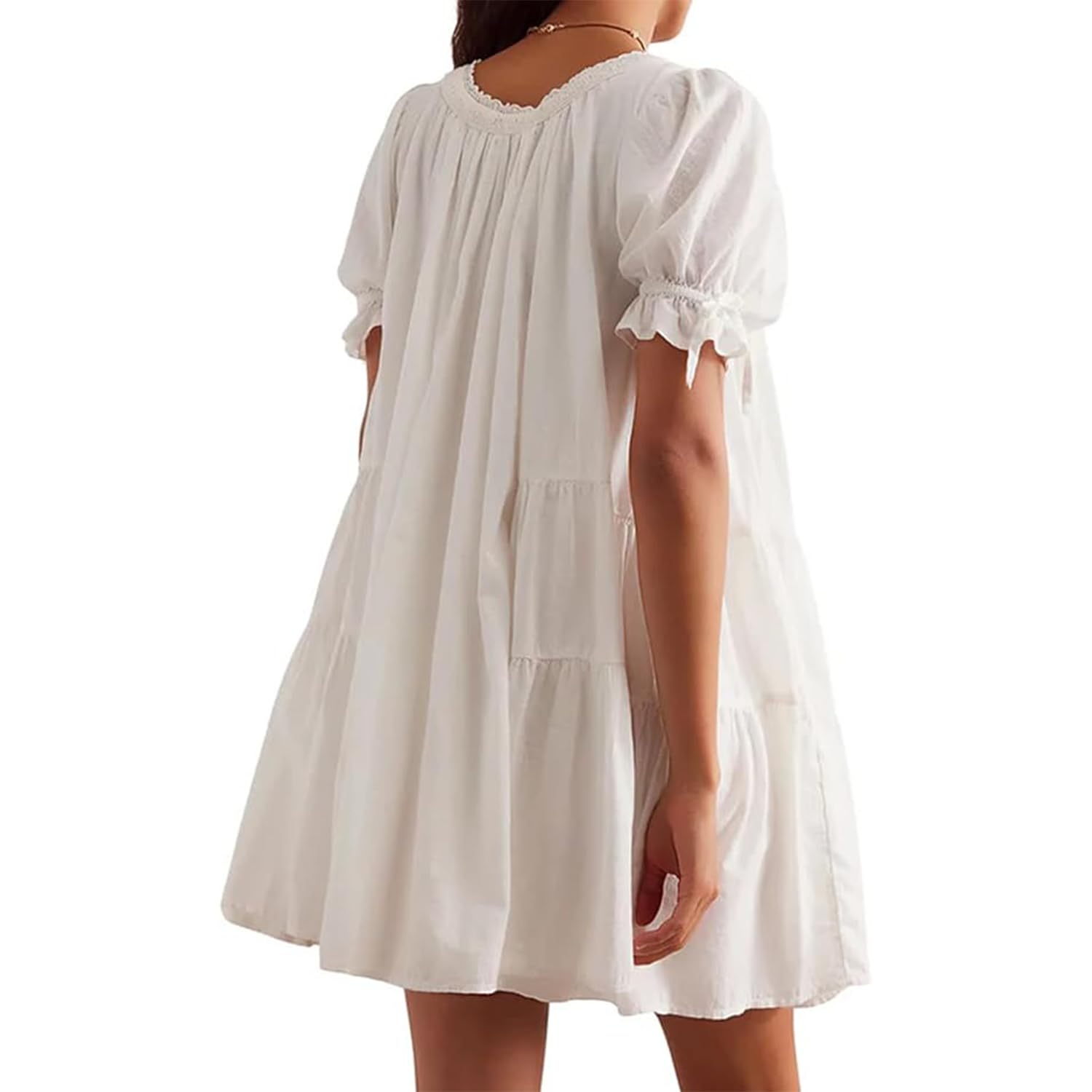 Miniabito Babydoll Y2K da Donna con Bordi in Pizzo e Maniche a Palloncino – Abito Corto e Fluido, Ideale per Le Serate, con Fiocchetto e Volant