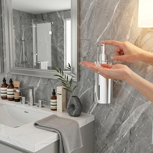 Image of Premium Wall Mounted Liquid Soap Dispenser - 304 Stainless Steel Holder with Frosted Glass Bottle | Rust-Proof Hand Wash Pump for Bathroom, Kitchen, & Wash Basin (Round 10CH)