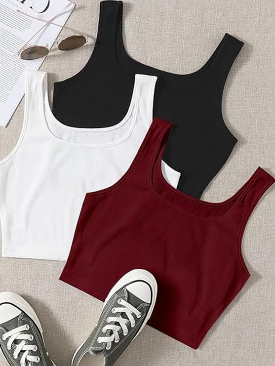 Image of Toochki Women's Knitted Sleeveless Solid Sqaure Neck Ribbed Tank & Crop Tops (Pack of 3)
