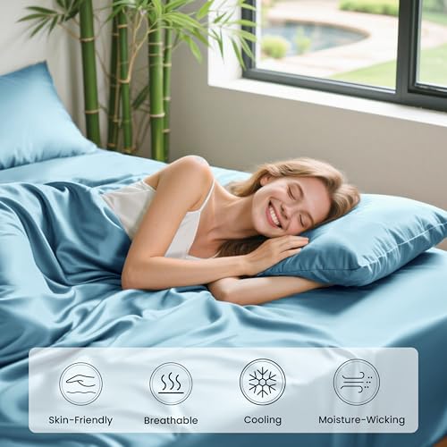 Image of Love's cabin 4 Piece King Size Sheet Set, 100% Rayon Derived from Bamboo, Cooling & Breathable, Soft Silky Deep Pocket up to 16 inch, Hotel Luxury Bedding for Hot Sleepers, Aqua