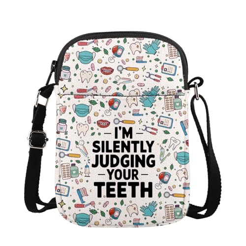 KUIYAI Borsa a tracolla con scritta "I'm Silently Judging Your Teeth Dentist", regalo per dentisti, regalo per ortodontista, regalo per l'igiene dentale (Judging teethUK), bianco