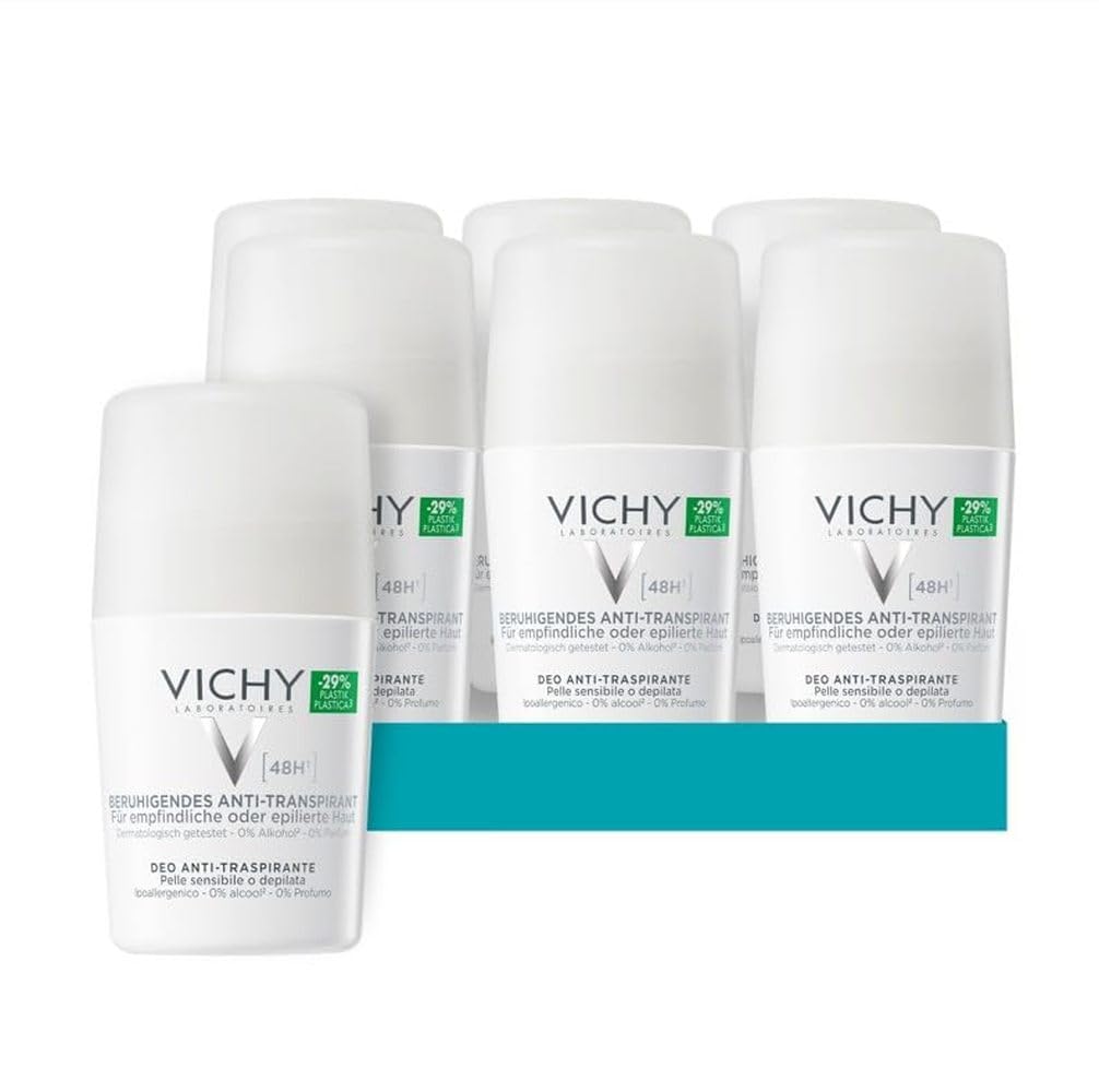 VICHY Anti-Transpirant 48h, Für sehr empfindliche oder epilierte Haut, bis zu 48 Stunden Wirkung, Roll-On, Dermo Tollerance, 6x50ml