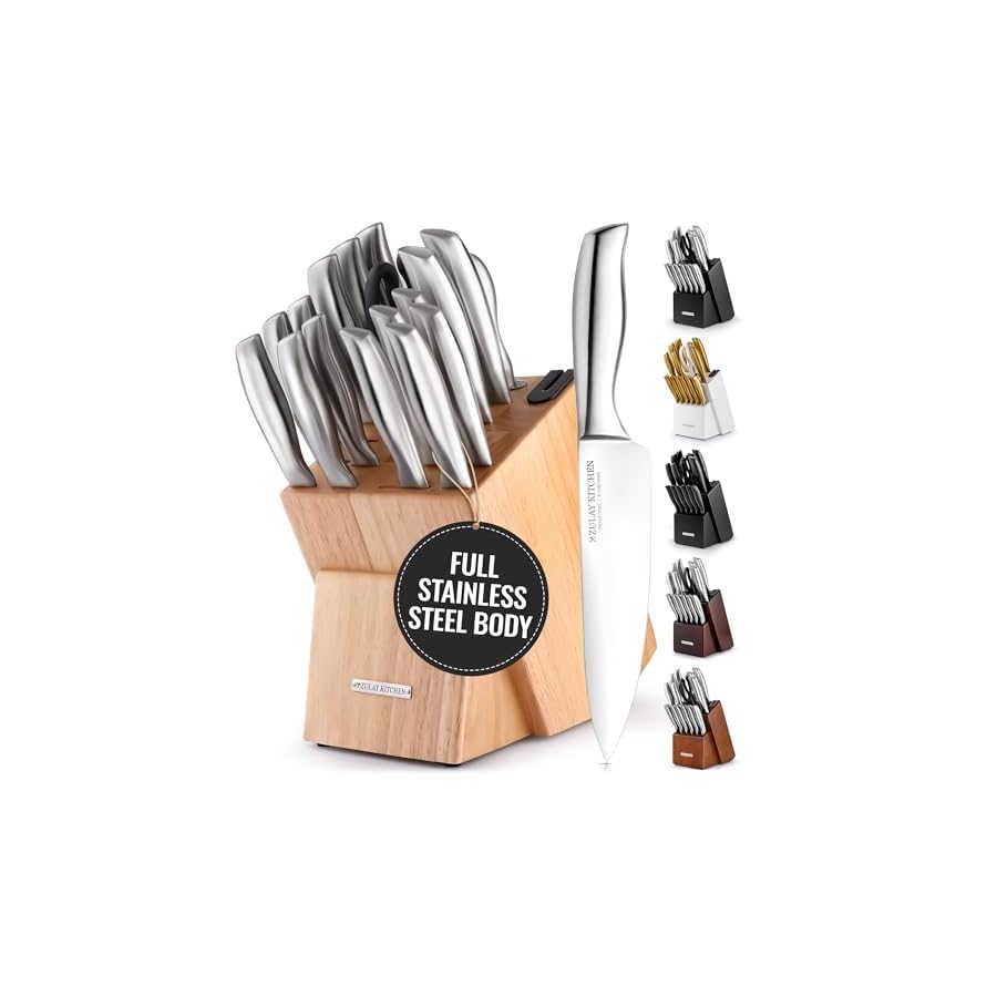 Zulay 18 Piece Stainless Steel Knife Set with Block and Sharpener - Sharp Knife Block Set with Built In Sharpener - Kitchen Knife Set With Block - Rust Proof Knife Set Stainless Steel
