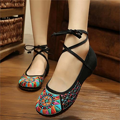 Fashion Casual Ethnic Retro Style Women's Plum Flower Embroidery Soft Sole Flat Shoes Old Peking National Cloth Shoe (Color : Black Size : Code 37) (Black Code 36)4