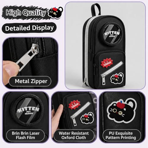 Image of WORSHIPER Cute Backpack Style Pencil Case with Visible Display Window, Multi-Layer Large Capacity Stationery Organizer for Kids & Students (Kitten-Black Pouch)